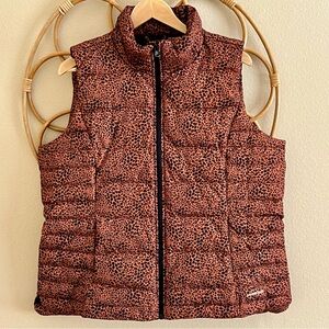 Lands’ End Down Puffer Vest Caramel Leopard Print Like New